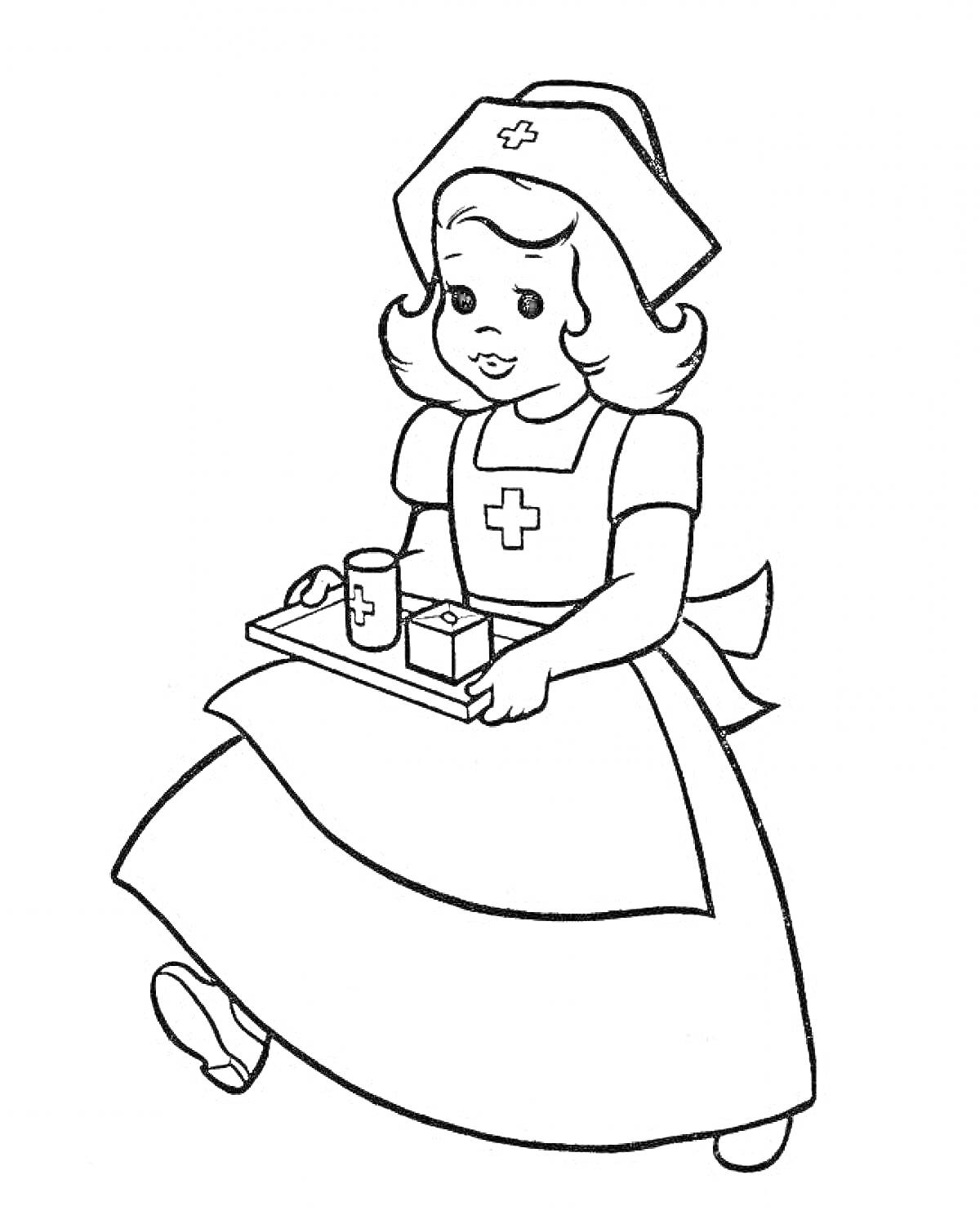 Раскраска Медсестра с подносом, на котором стоят лекарство и стакан