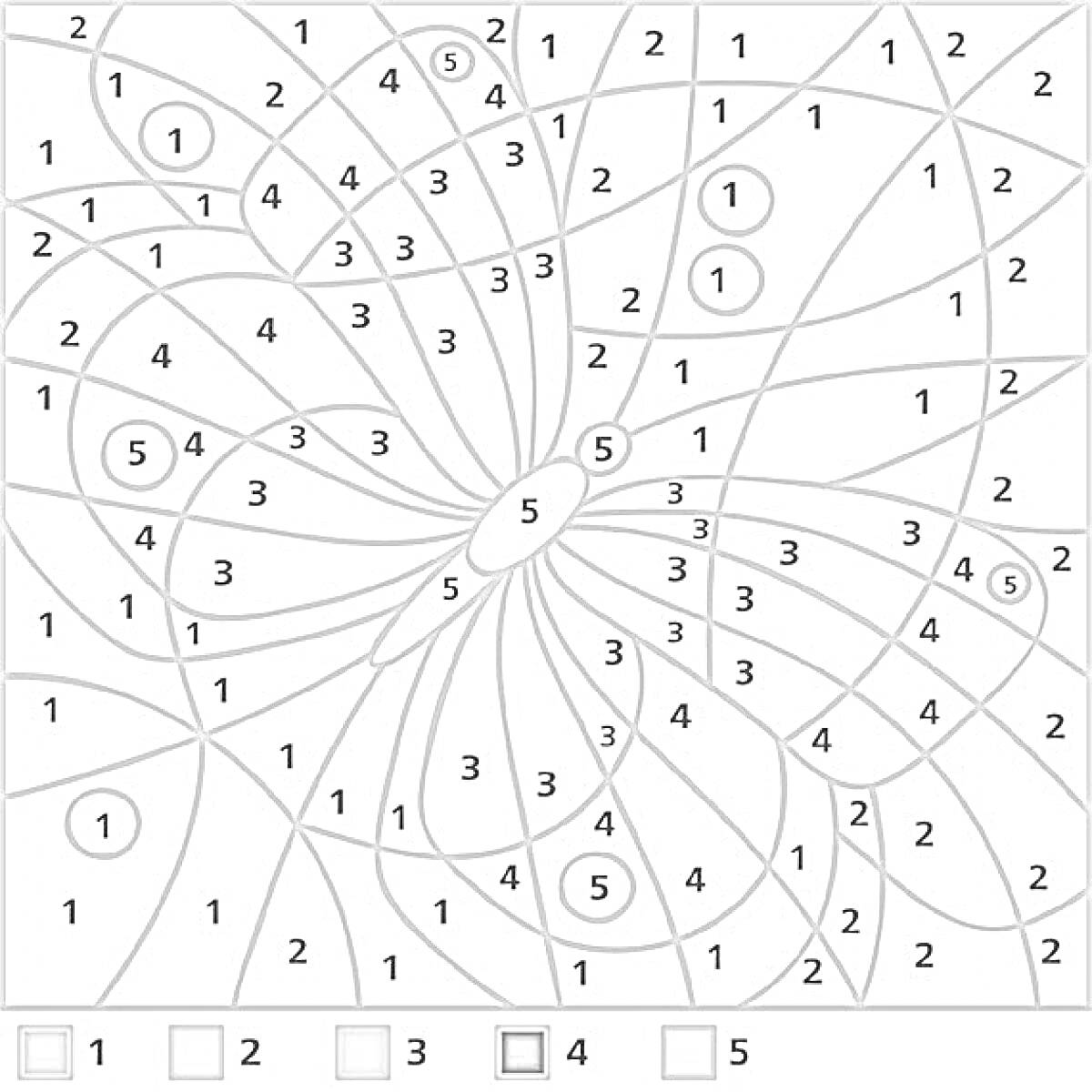 Раскраска Раскраска по номерам с математическими элементами: числами 1, 2, 3, 4 и 5