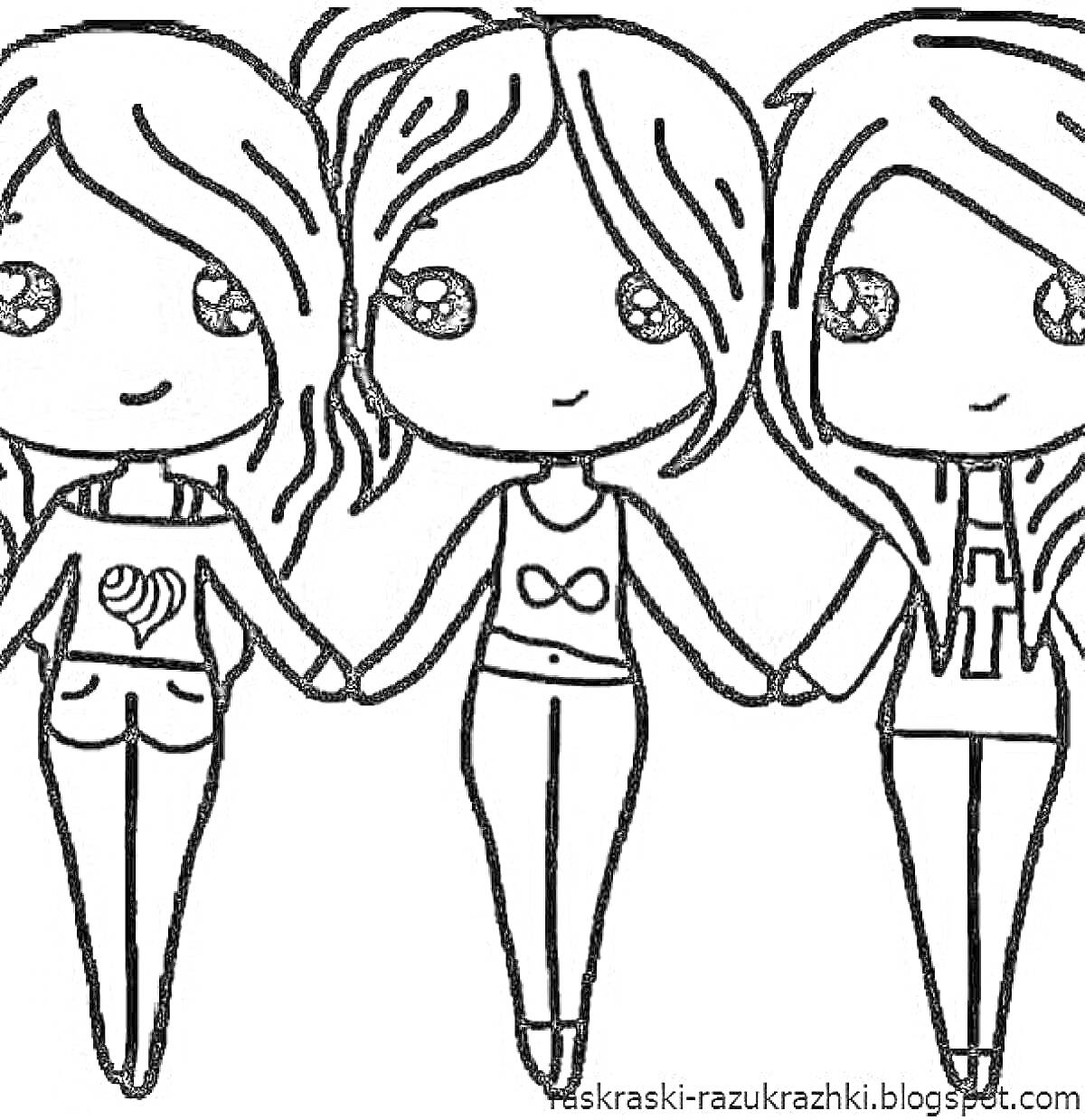 Раскраска Друзья - три девочки в модной одежде, держащиеся за руки