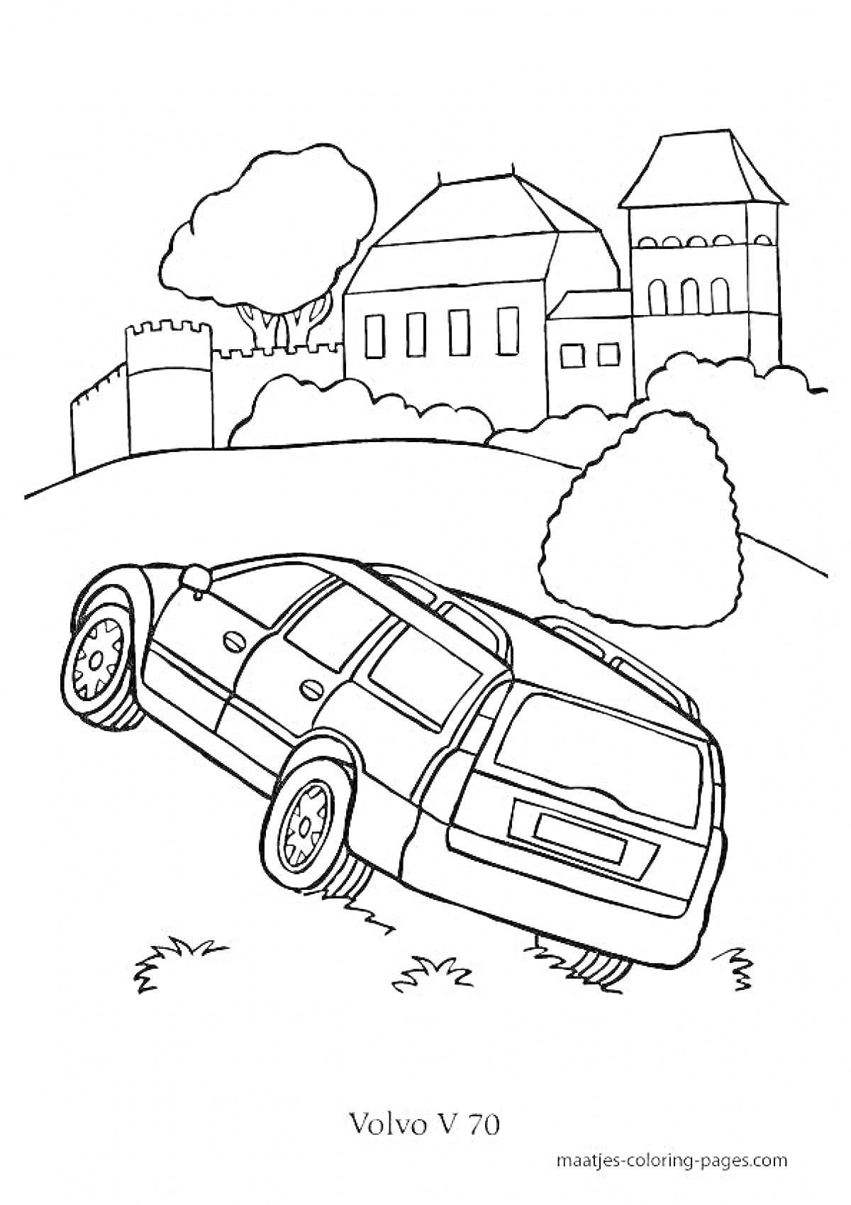 Раскраска Автомобиль Volvo V70 на холме, с замком и деревьями на заднем плане