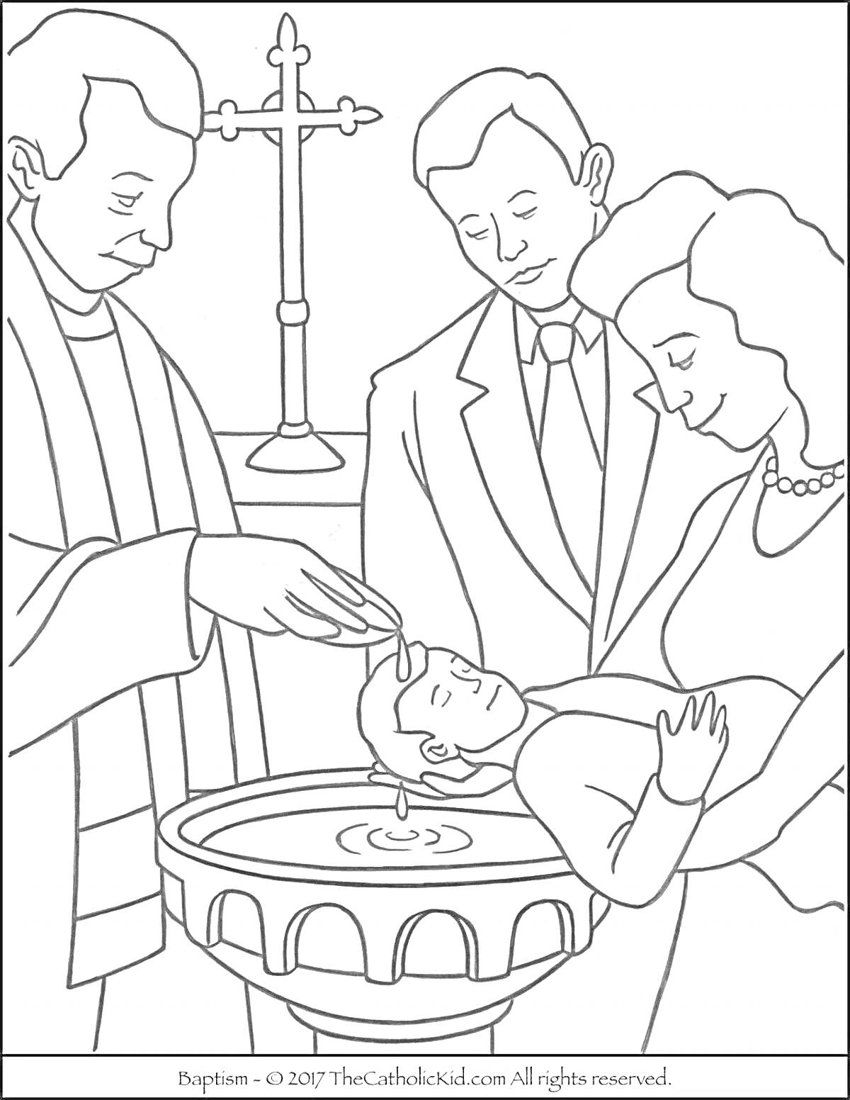 На раскраске изображено: Крещение, Таинство, Религия, Священник, Родители, Младенец, Крест, Купель, Святость, Вода, Церемония