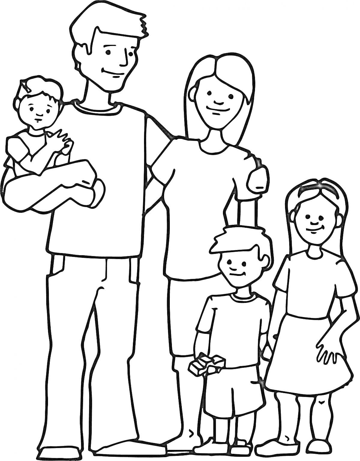 РаскраскаСемья из пяти человек: отец, мать, сын и две дочери