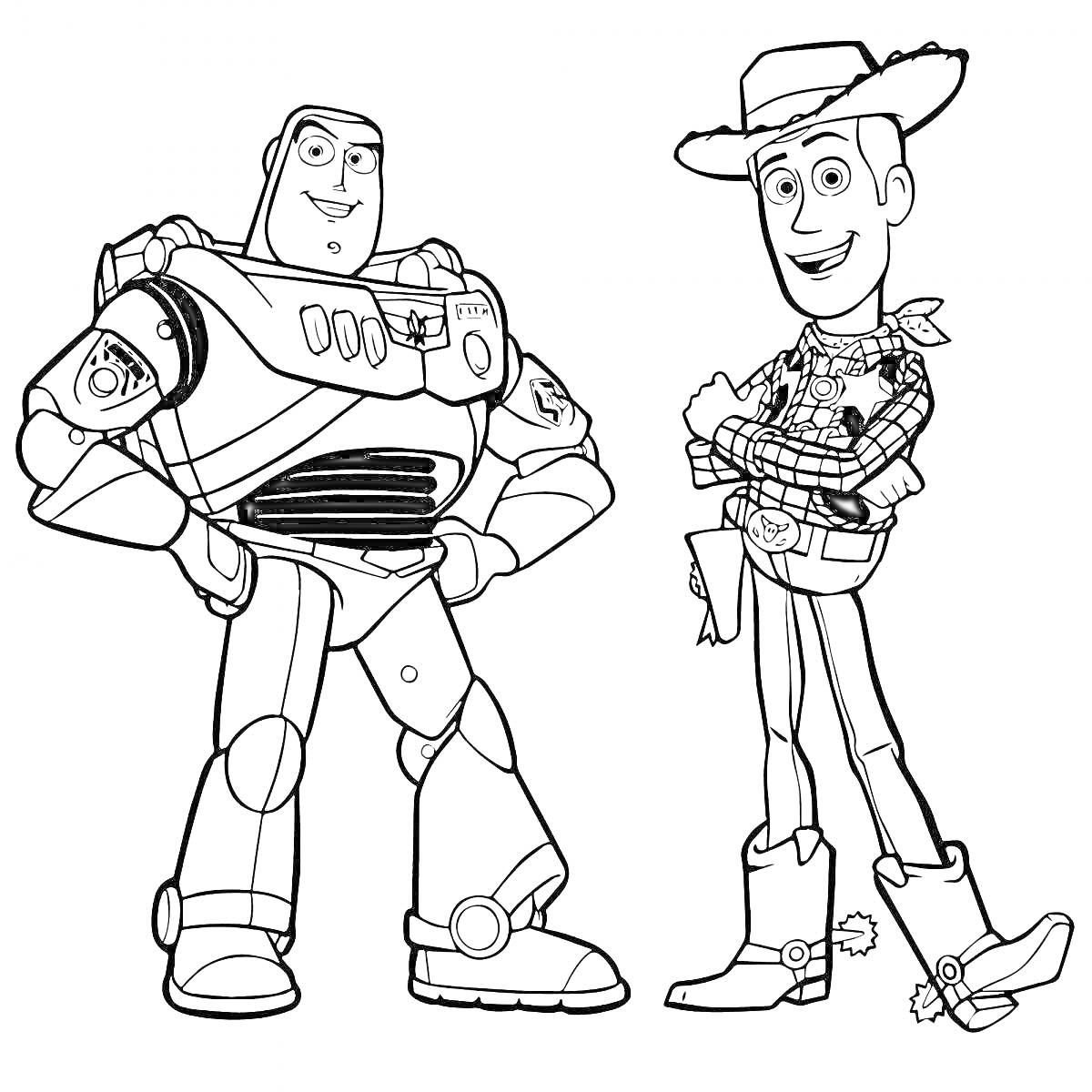 Раскраска Базз Лайтер и Вуди - персонажи из мультфильма, стоящие бок о бок.