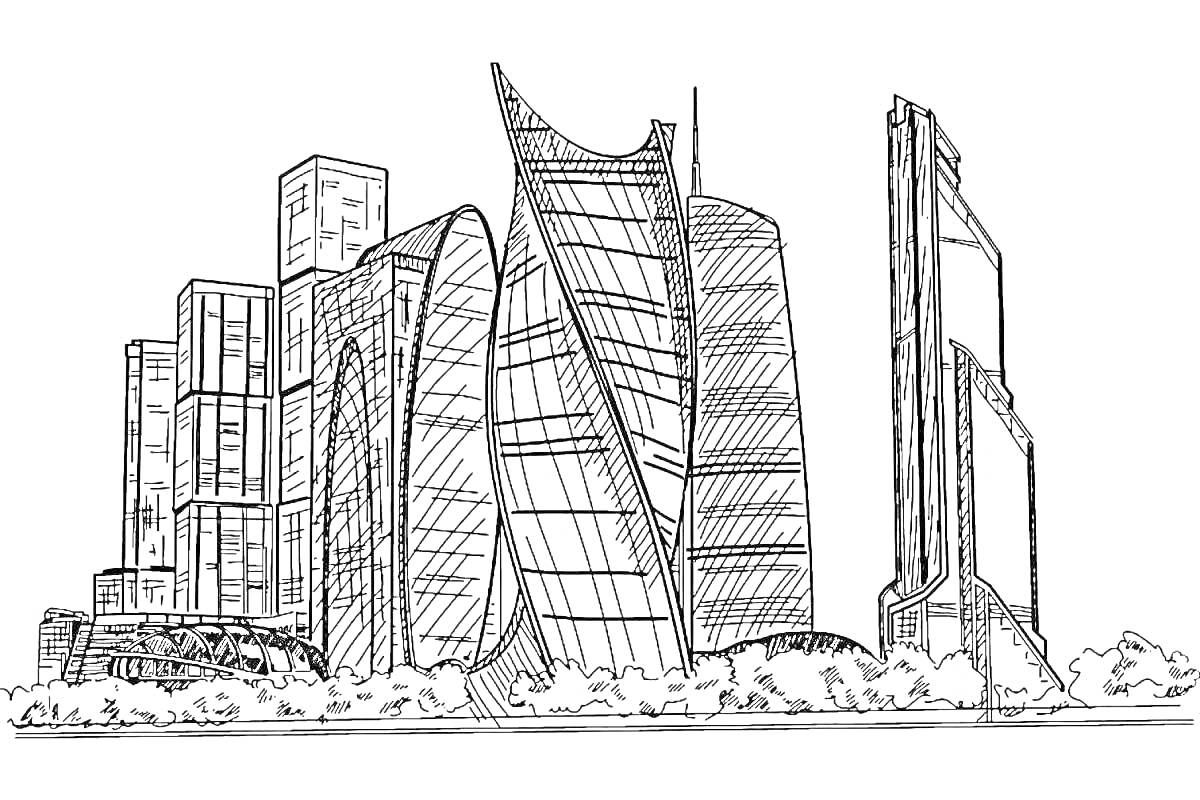 На раскраске изображено: Небоскребы, Современная архитектура, Городской пейзаж, Футуристические здания