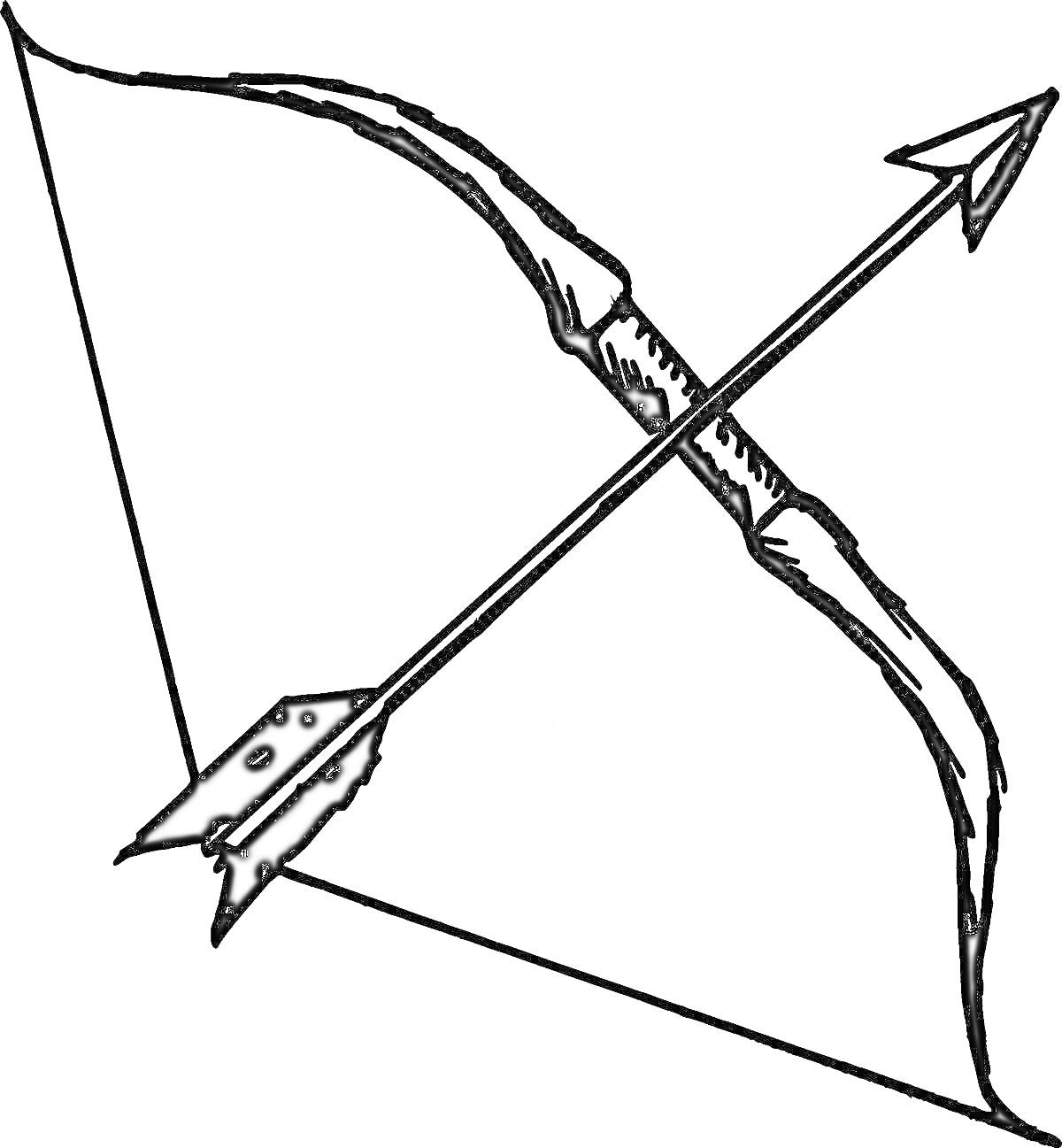 На раскраске изображено: Лук, Стрела, Оружие, Натянутый лук, Стрельба из лука