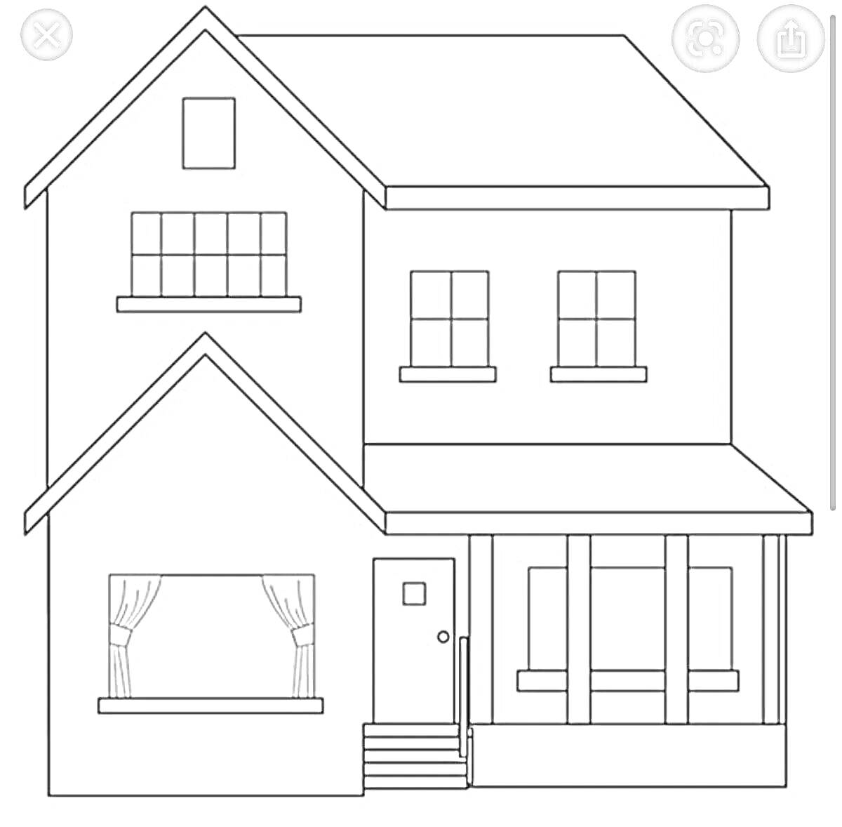 Раскраска Двухэтажный дом с мансардой, двумя окнами на втором этаже, большим окном на первом этаже с занавесками, дверью с ступеньками, и панорамным окном на первом этаже.