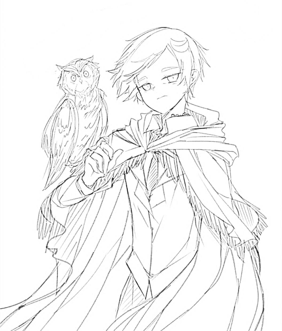 Раскраска Мальчик с совой на плече в плаще из манги 