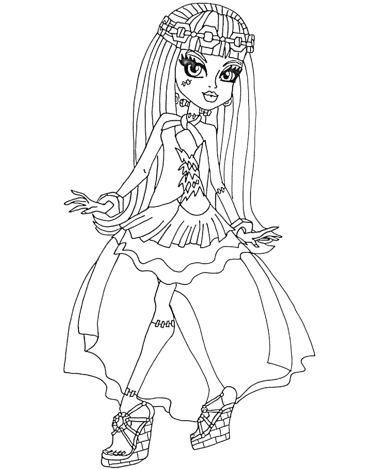 Раскраска Девушка с длинными прямыми волосами в диадеме, в платье с оборками и босоножках на платформе