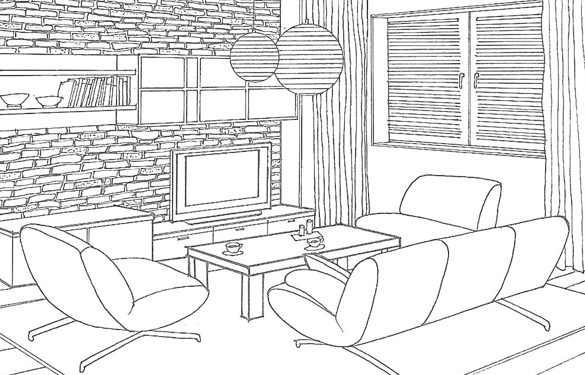 Раскраска Гостиная с двумя креслами, диваном, журнальным столиком, телевизором, стеллажом с полками и окнами с жалюзи