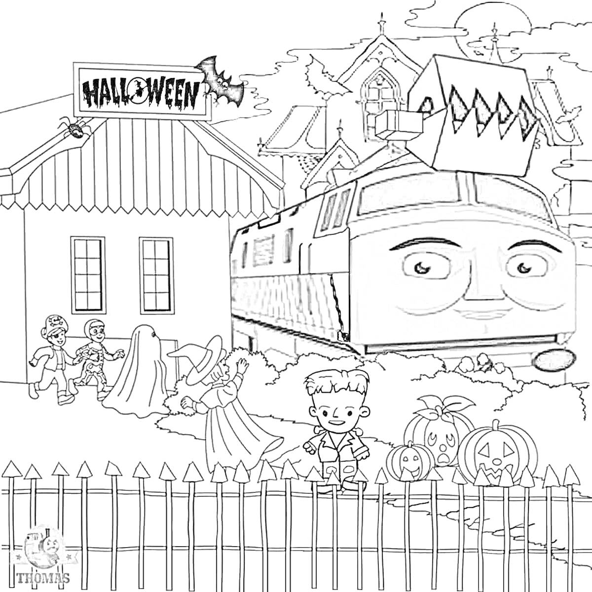 Раскраска Поезд с лицом и зубами возле дома с вывеской 