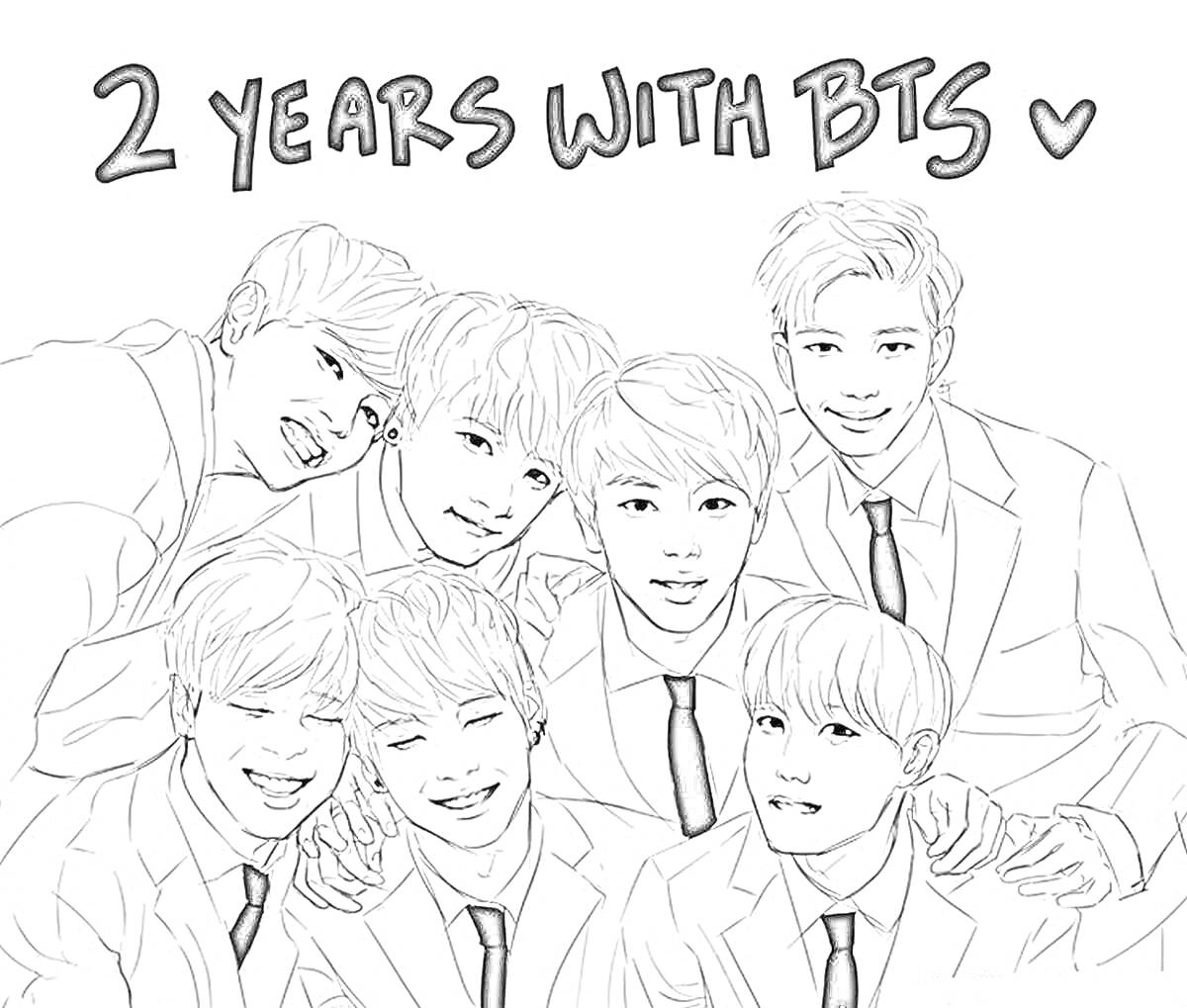 Раскраска 2 years with BTS, черно-белый портрет семи мужчин в костюмах с галстуками, один с поднятой рукой