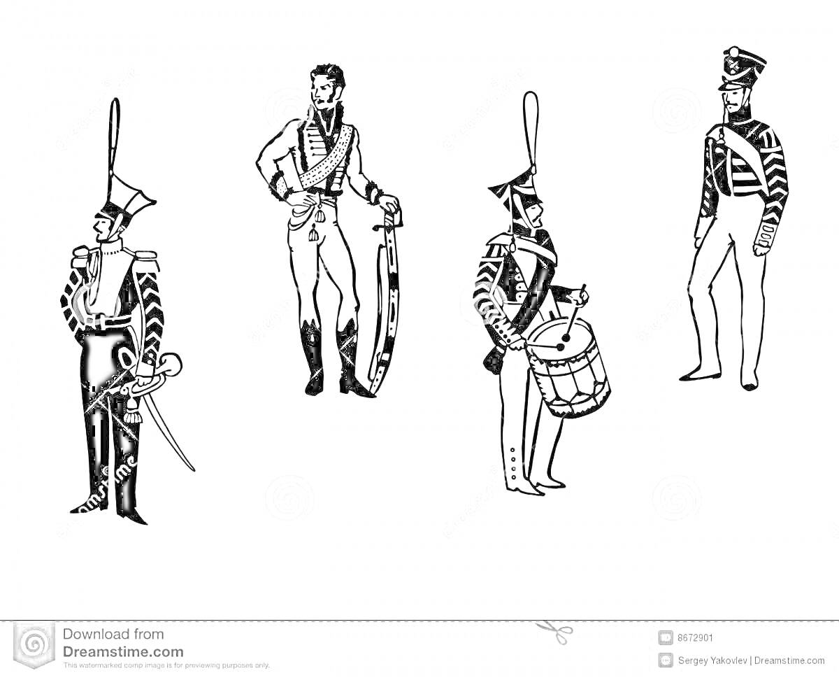 На раскраске изображено: Форма, Барабан, Сабля, Труба, Военный, Традиционная одежда, Парад