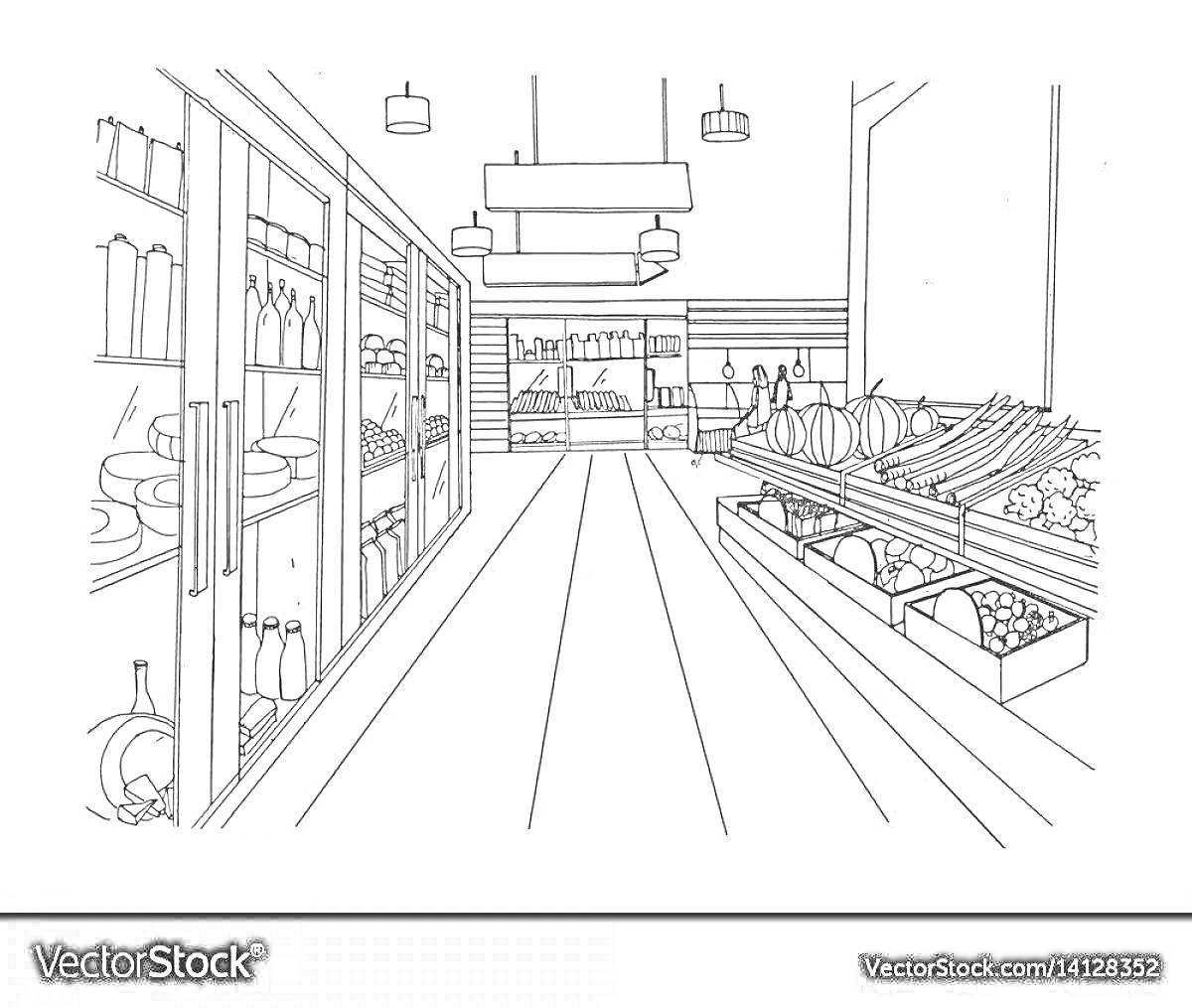 На раскраске изображено: Стеллажи, Овощи, Фрукты, Ящики, Полки