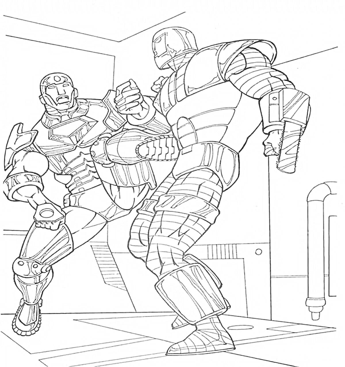 Раскраска Железный человек в бою с другим бронированным персонажем на фоне технологического интерьера.