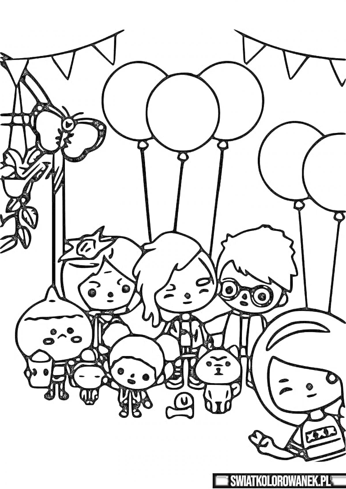 Раскраска группа персонажей под гирляндой с шарами
