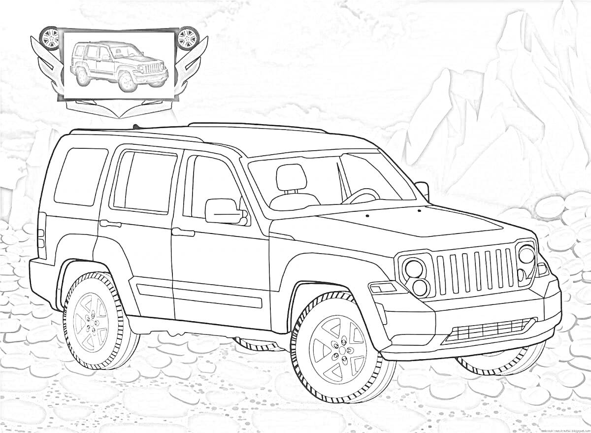 Раскраска Джип в горной местности с изображением джипа в рамке с шинами