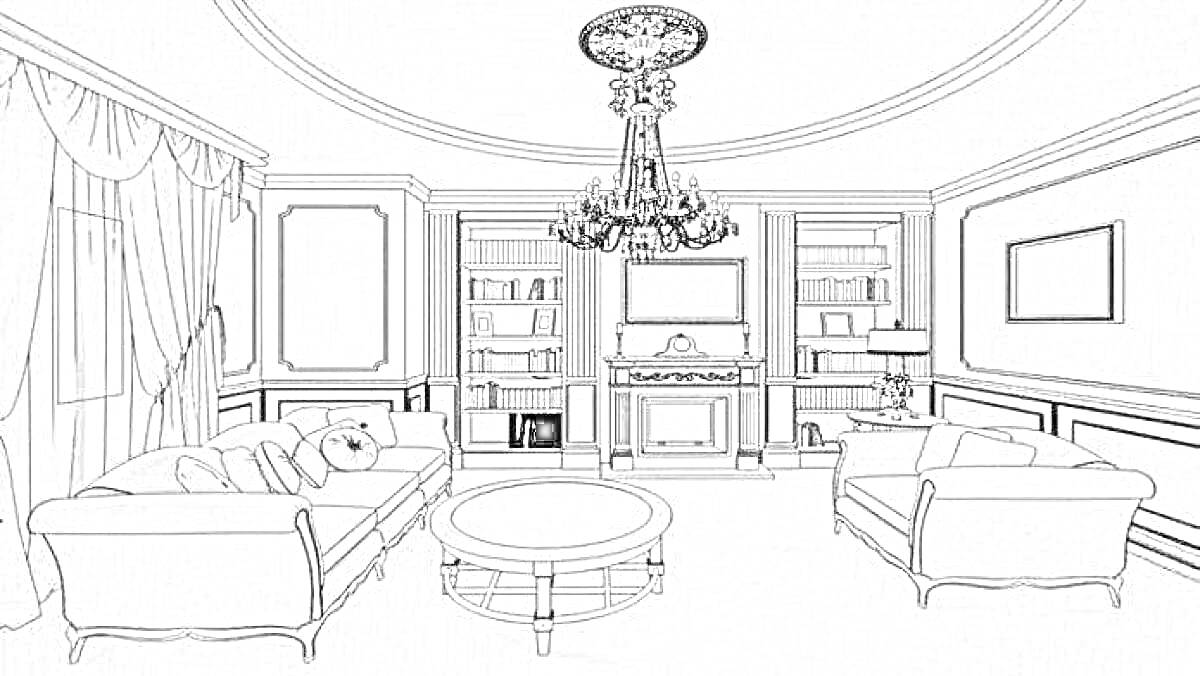 Раскраска Гостиная с двумя диванами, журнальным столиком, камином, книжным шкафом и люстрой
