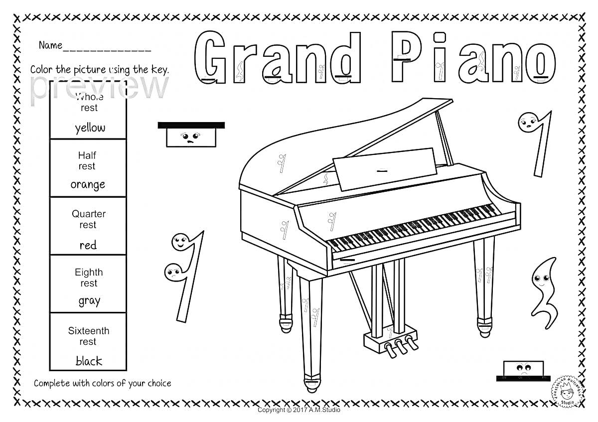 Раскраска Большой рояль, музыкальные ноты, инструкция по цветам