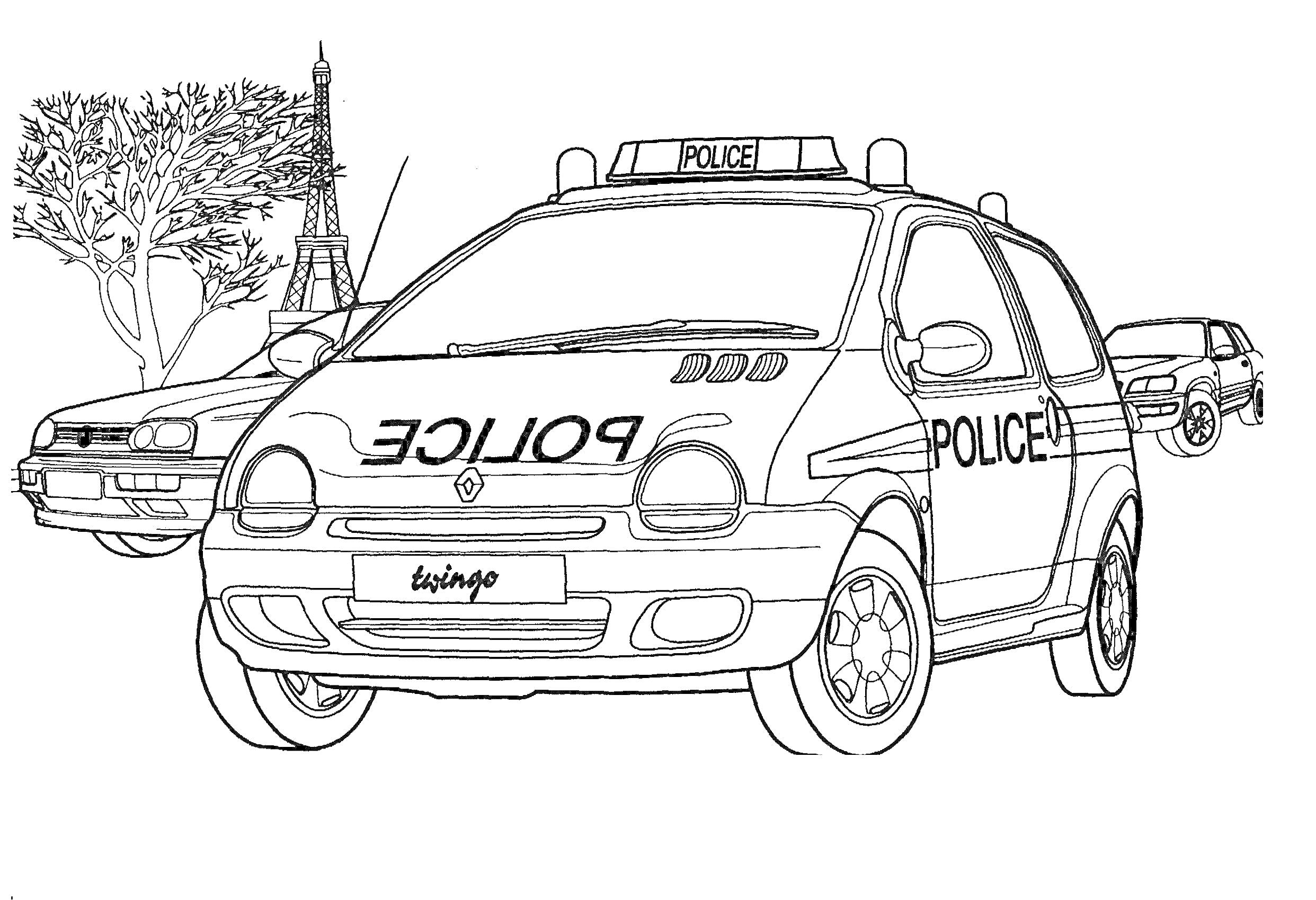 На раскраске изображено: Полиция, Эйфелева башня, Уличная сцена, Транспорт, Безопасность, Деревья