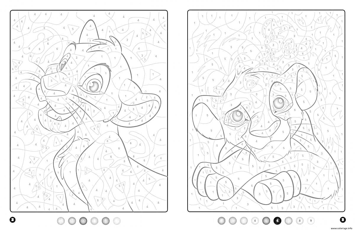 Раскраска Левенок из мультфильма - раскраска по номерам, левенок с поднятой головой и левенок с грустной мордочкой