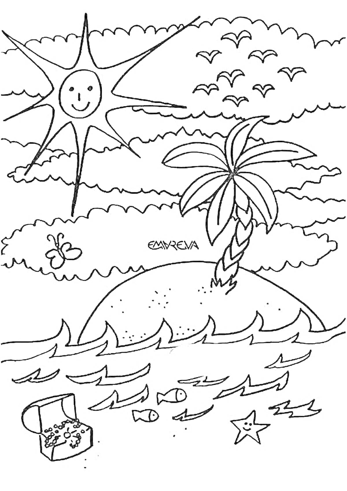 На раскраске изображено: Остров, Солнце, Облака, Бабочка, Сокровища, Волны, Рыба