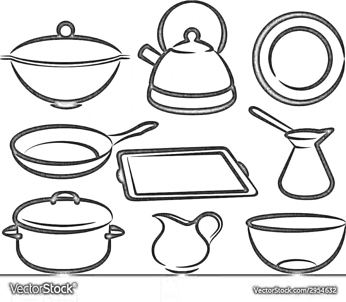 Раскраска Кастрюля с крышкой, чайник, тарелка, сковорода, противень, турка, кастрюля без крышки, молочник, салатница