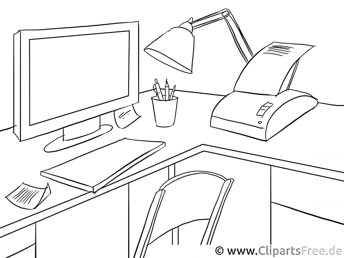Раскраска офис с монитором, настольной лампой, принтером, стаканом с ручками, запиской, ноутбуком и стулом
