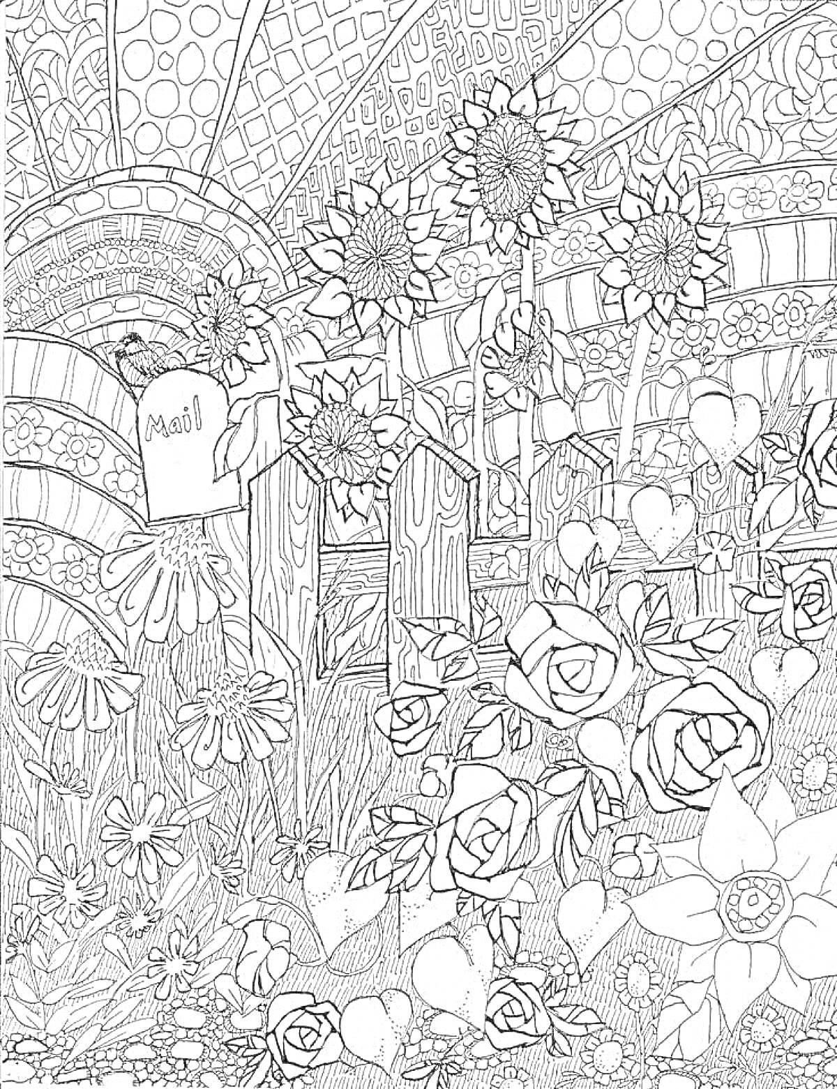 Раскраска Цветочный сад с подсолнухами, полевыми цветами, розами, почтовым ящиком и забором на фоне абстрактного узора