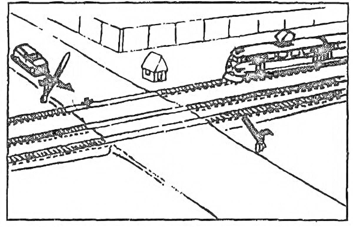 На раскраске изображено: Железнодорожный переезд, Поезд, Здание, Рельсы, Шлагбаум, Путь, Безопасность, Транспорт
