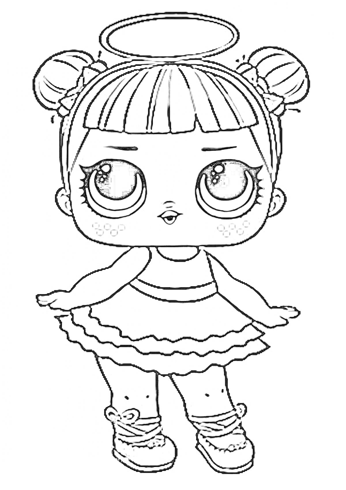  Кукла Лол с нимбом, двумя хвостиками, большими глазами, в платье с оборками и бантиками на туфельках