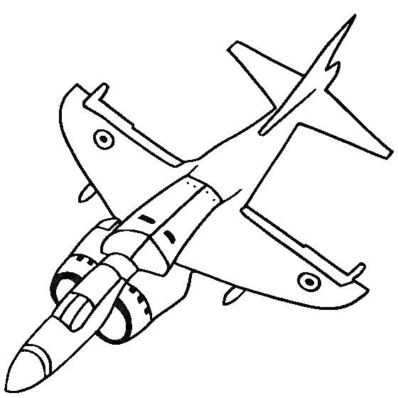 Раскраска Истребитель с двумя круглыми эмблемами на крыльях, двигателем в хвостовой части, кабиной и крыльями треугольной формы