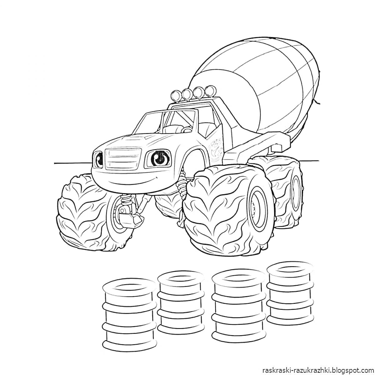 На раскраске изображено: Бетономешалка, Монстр, Большие колеса, Строительная техника
