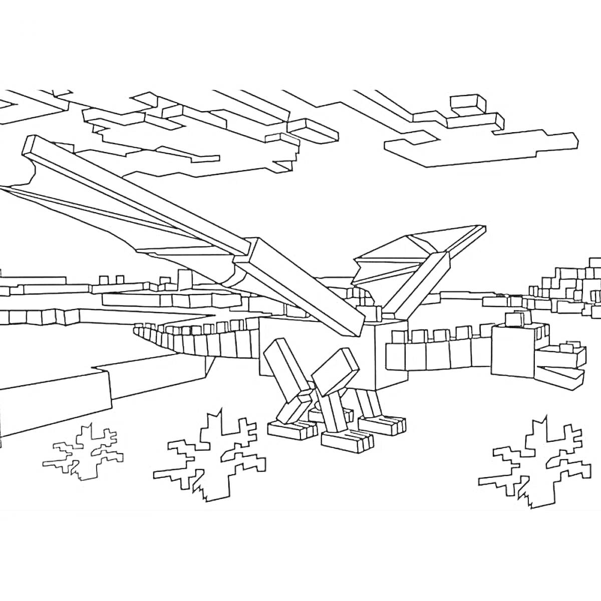 На раскраске изображено: Дракон, Майнкрафт, Кубики, Облака, Блоки, Пиксельарт, Природа, Игровое поле