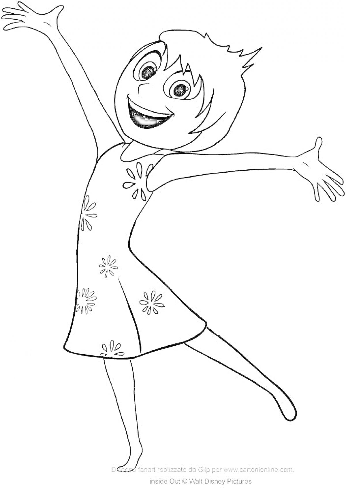 Раскраска Девочка с короткими волосами и цветочным платьем, стоящая на одной ноге с раскинутыми руками