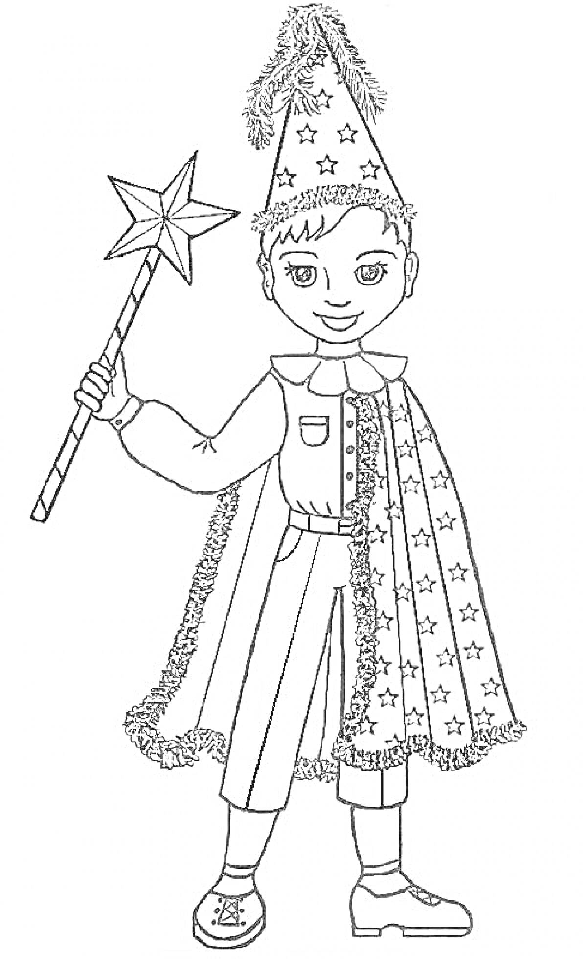 РаскраскаМальчик в костюме волшебника с накидкой и колпаком со звёздами, держащий волшебную палочку
