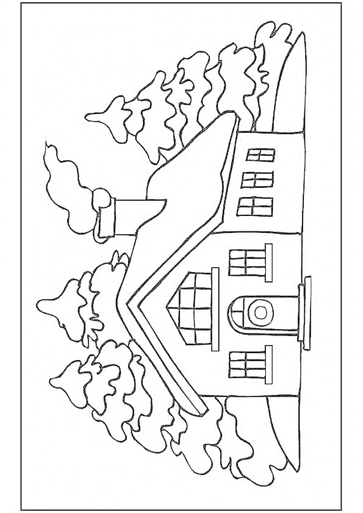 На раскраске изображено: Дом, Деревья, Дым, Крыша, Окна, Дверь, Природа, Дым из трубы