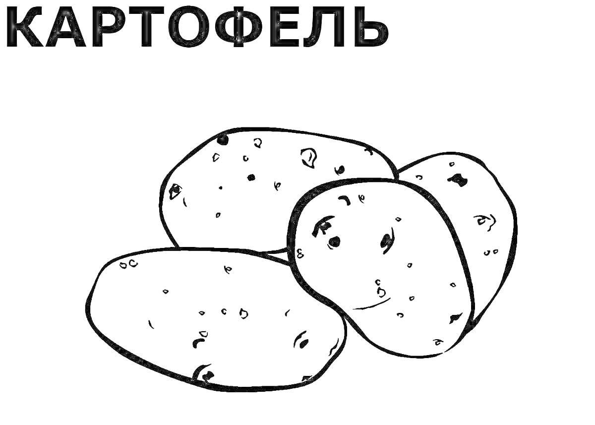 Раскраска Картофель: четыре картофелины с глазами и улыбками