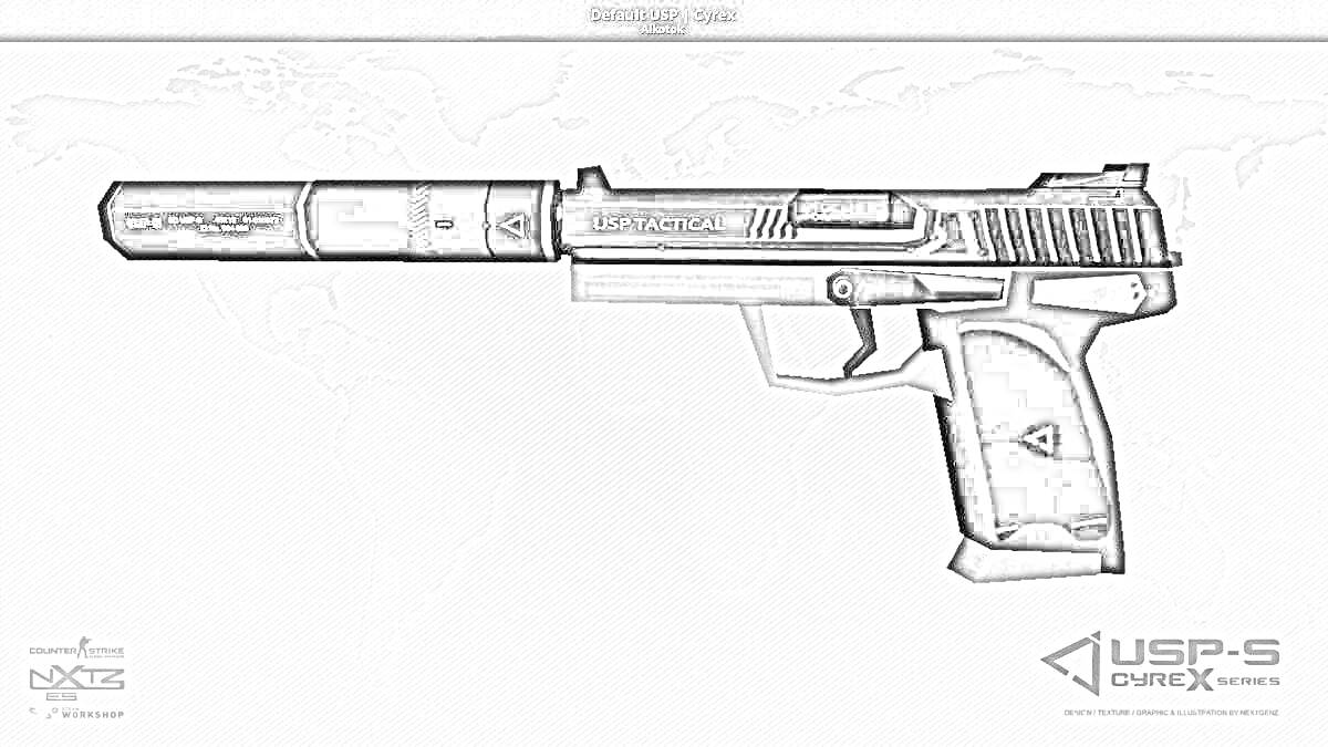 На раскраске изображено: Пистолет, Глушитель, Карта мира, Оружие