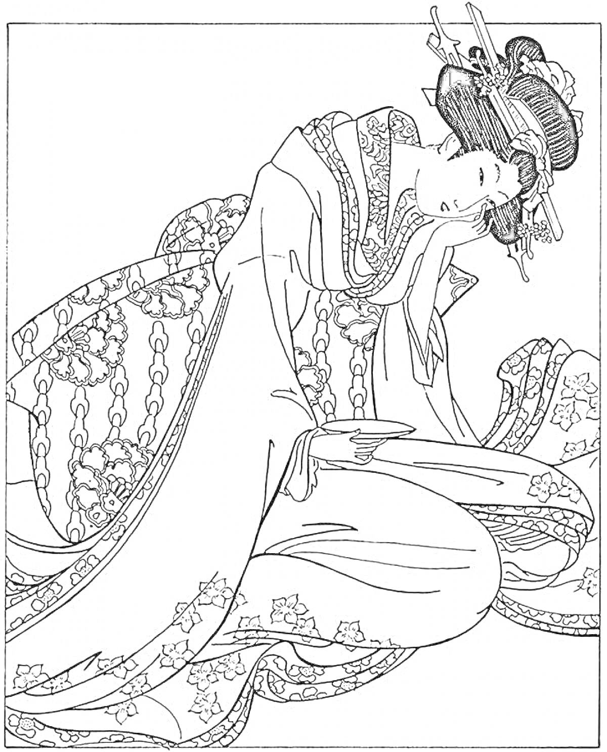 Раскраска Женщина в традиционном китайском наряде с украшенной прической