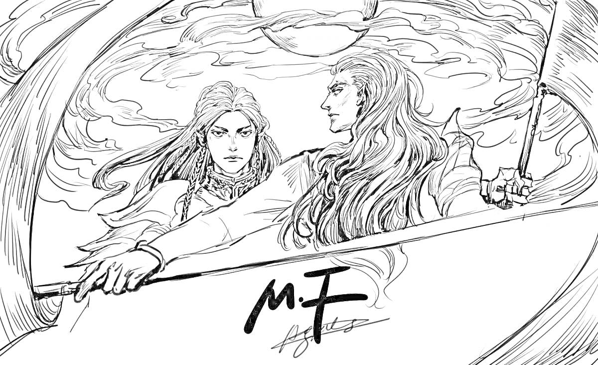 Раскраска Два эльфа с длинными волосами в лодке на фоне неба с облаками, один из них держит лук