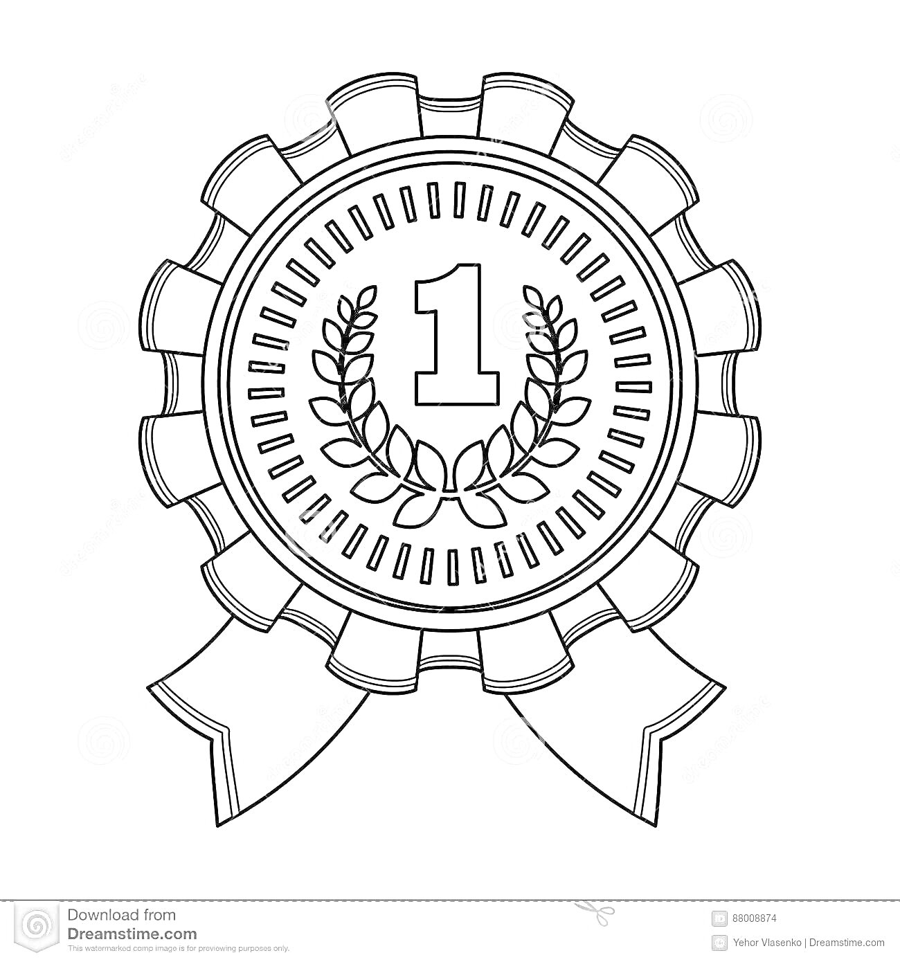 Раскраска медаль с цифрой 1, оливковые ветви, ленточки