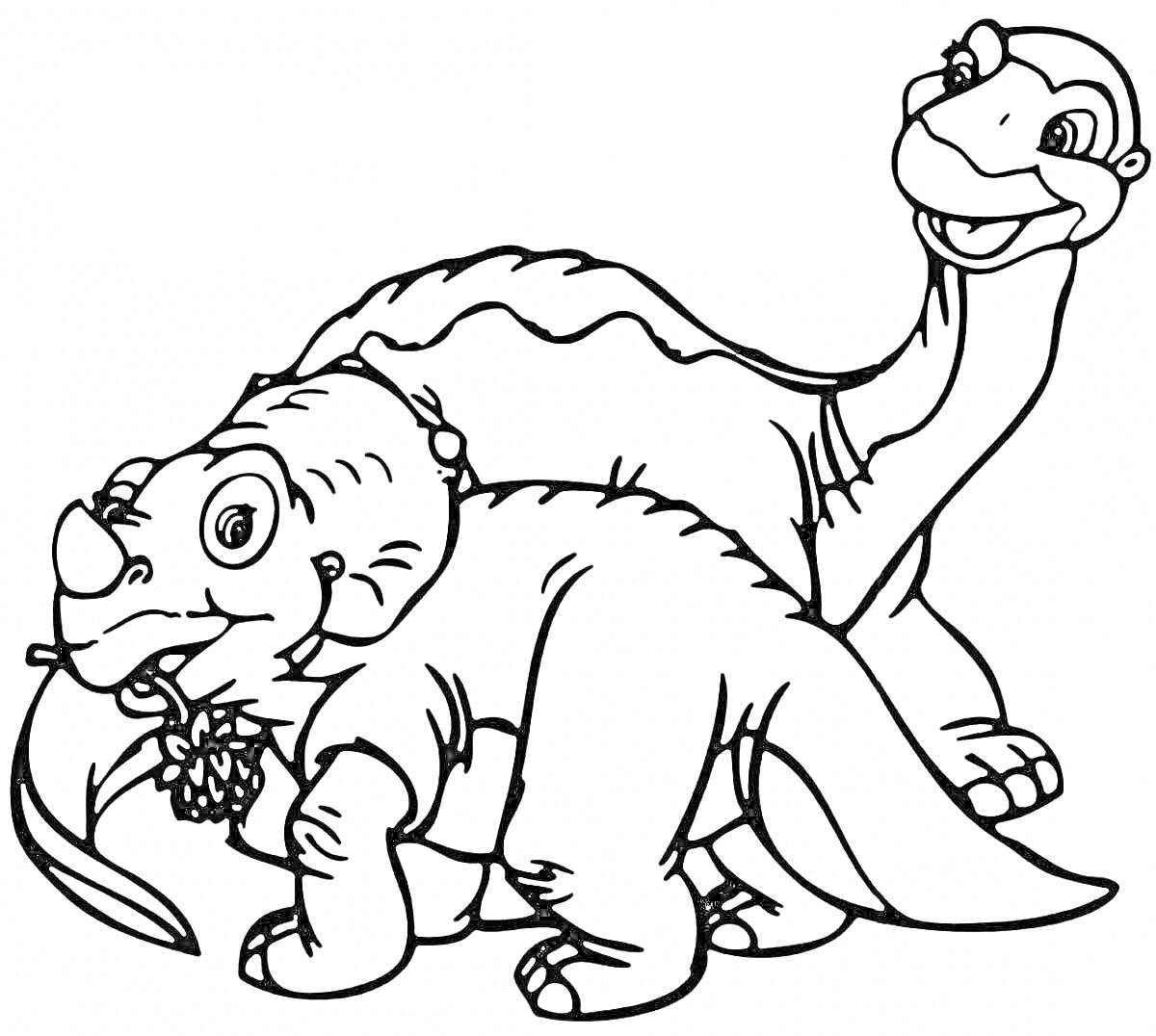 Раскраска Два динозавра - один с рогом и цветком в пасти, другой с длинной шеей, улыбаются