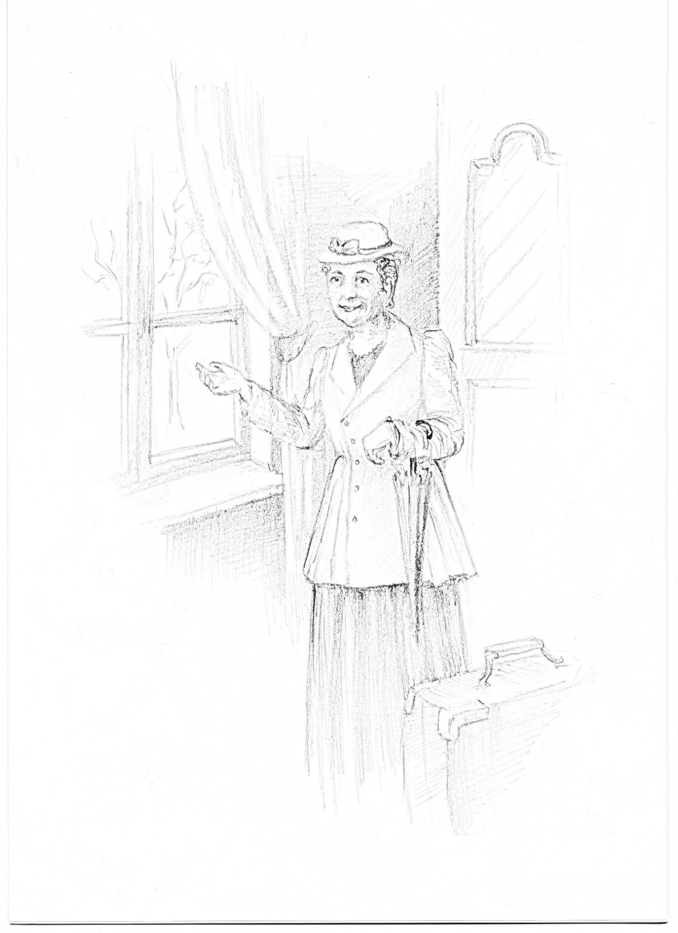 Раскраска Женщина у окна с тростью и чемоданом