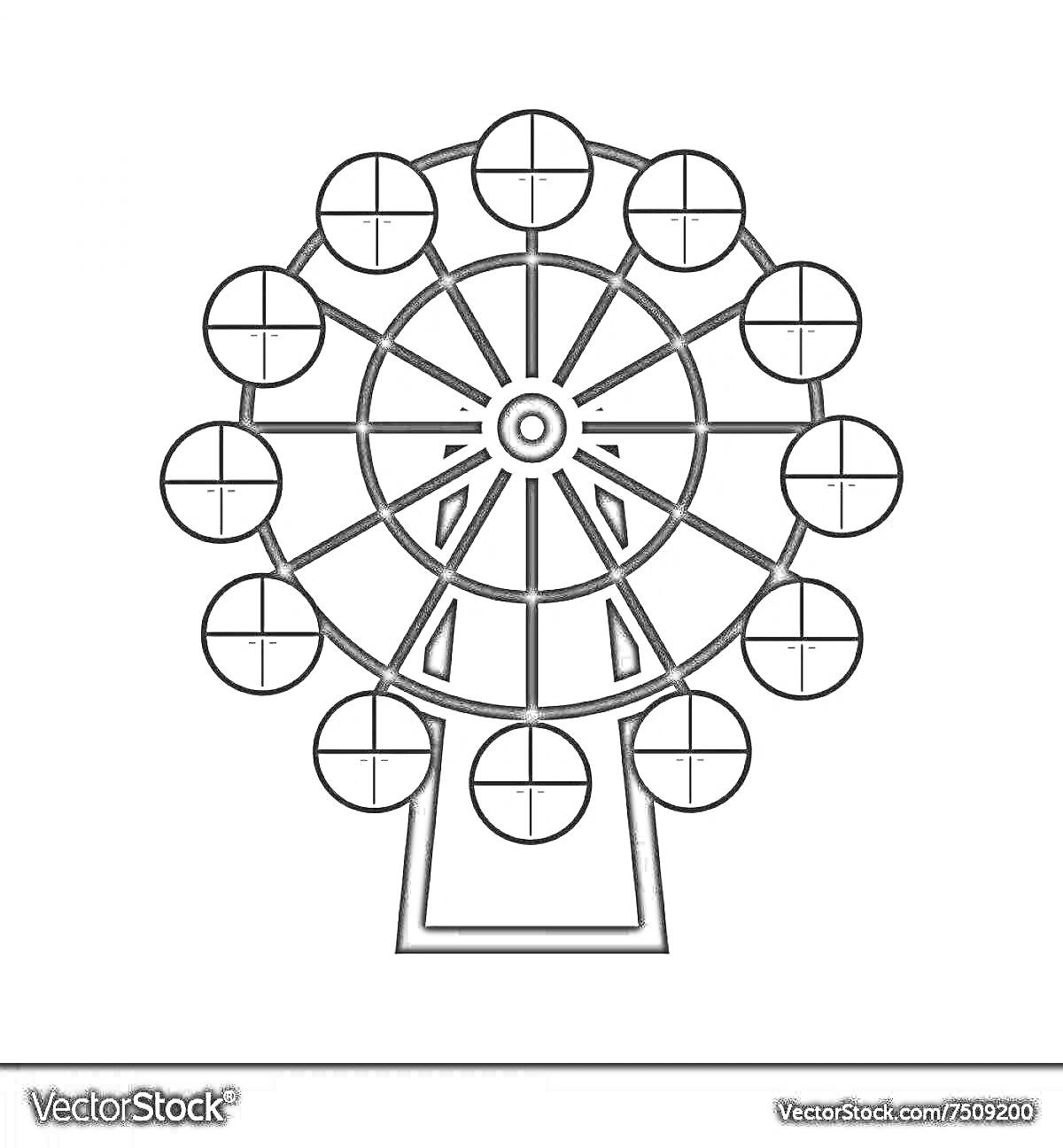 Раскраска Колесо обозрения с 11 кабинками и подставкой