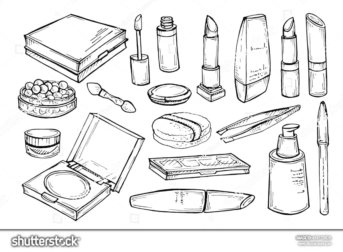 На раскраске изображено: Косметика, Палетка теней, Помада, Карандаш для губ, Румяна, Блеск для губ, Крем, Пинцет, Макияж, Бутылка, Кисточки, Тушь для ресниц