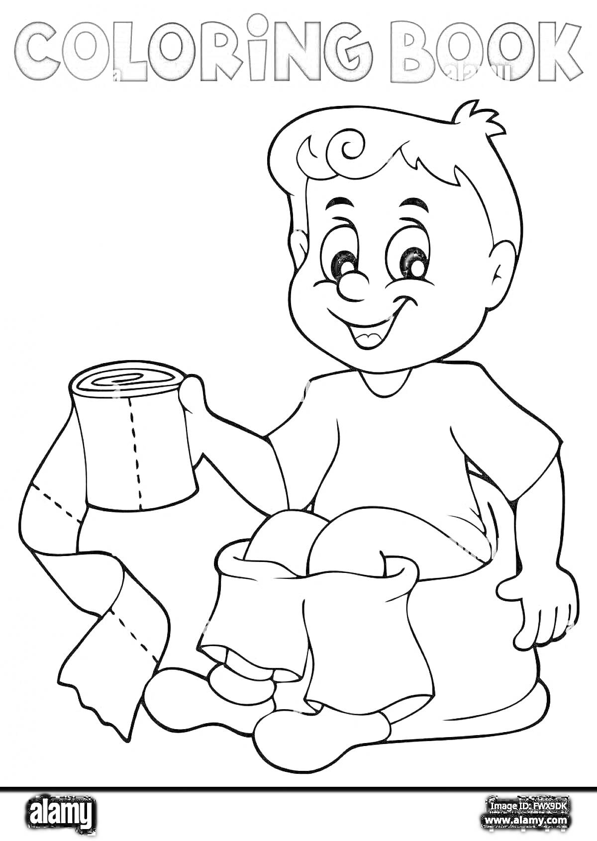 На раскраске изображено: Ребенок, Туалетная бумага, Мальчик, Сидение, Туалет, Гигиена, Обучение