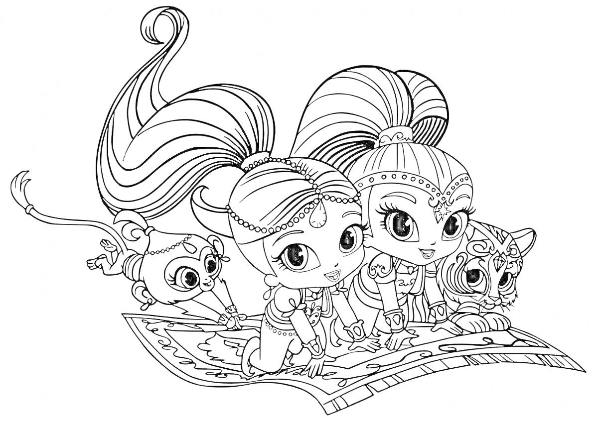 На раскраске изображено: Шиммер и шайн, Для девочек, Летающий ковер, Дружба, Магия