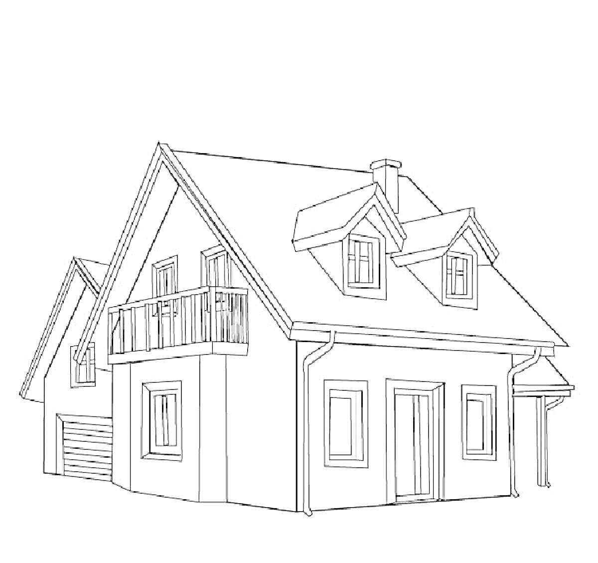 На раскраске изображено: Дом, Балкон, Гараж, Крыша, Окна, Фасад, Дверь