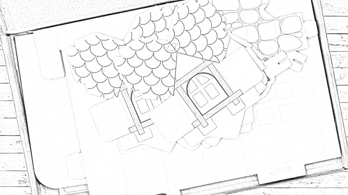 Раскраска Детали для 3D деревянного конструктора: крыша с черепицей, стены с окнами, элементы ограды