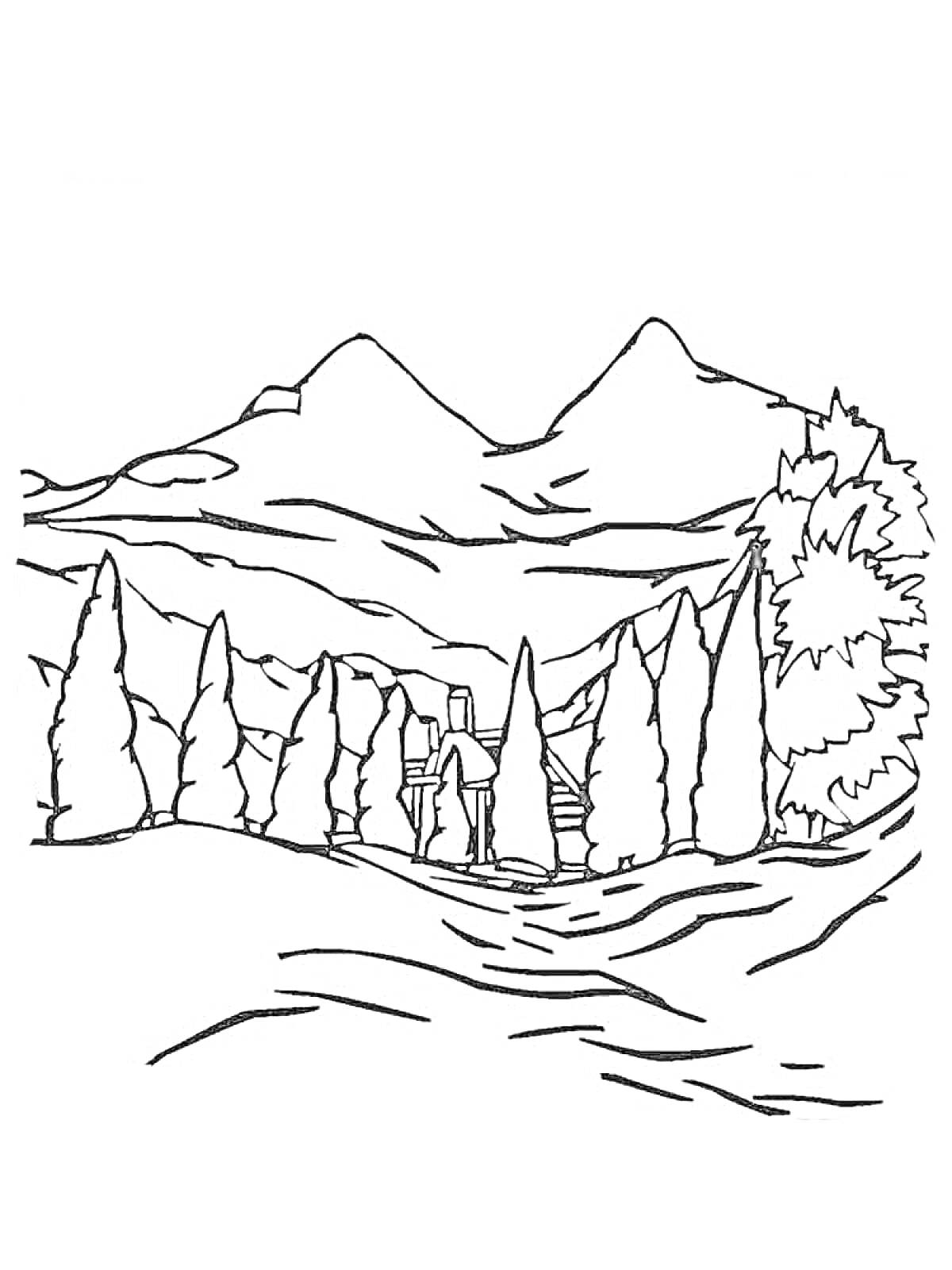 Раскраска Пейзаж с горами, деревьями и небольшой старинной башней